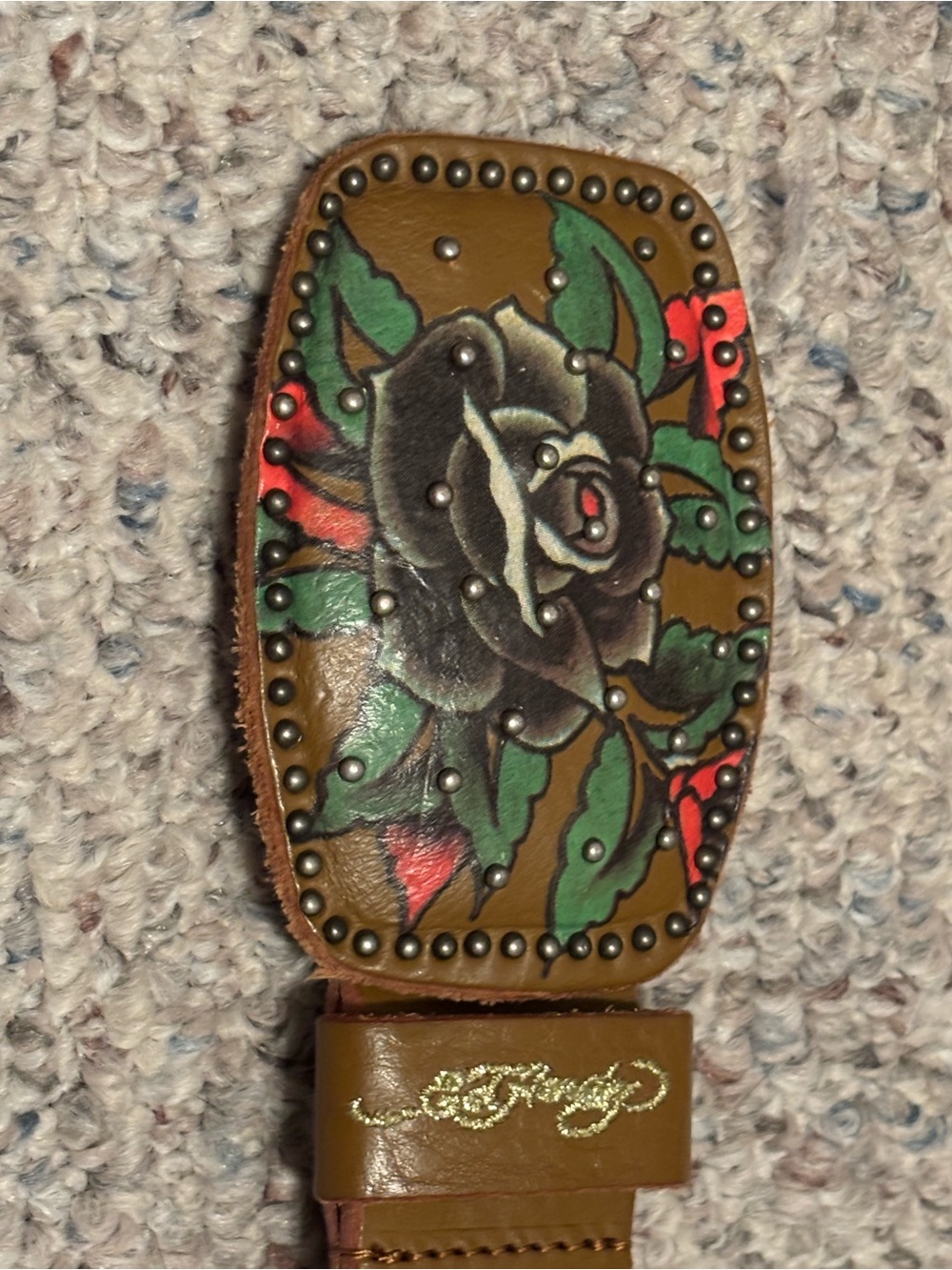 Vintage Ed Hardy McBling Brown Leather Belt with Black Rose and Red Accents